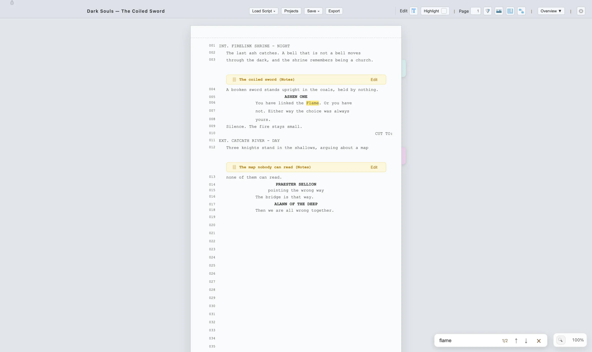 Script with all matches of a word highlighted and the match counter showing the current position